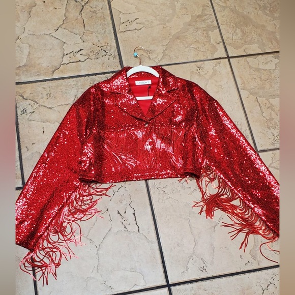 ✨ Women’s Red Cropped Sequin Fringe Jacket – Festival, Concert, Rodeo ✨ - Picture 10 of 11